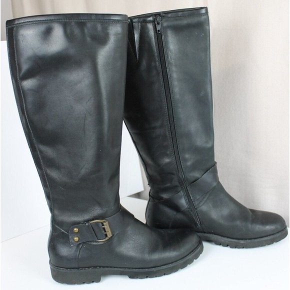 Black Riding Biker Boots Women 7 M Leather Tall Zip Buckle Accent Block Heel - Picture 2 of 11